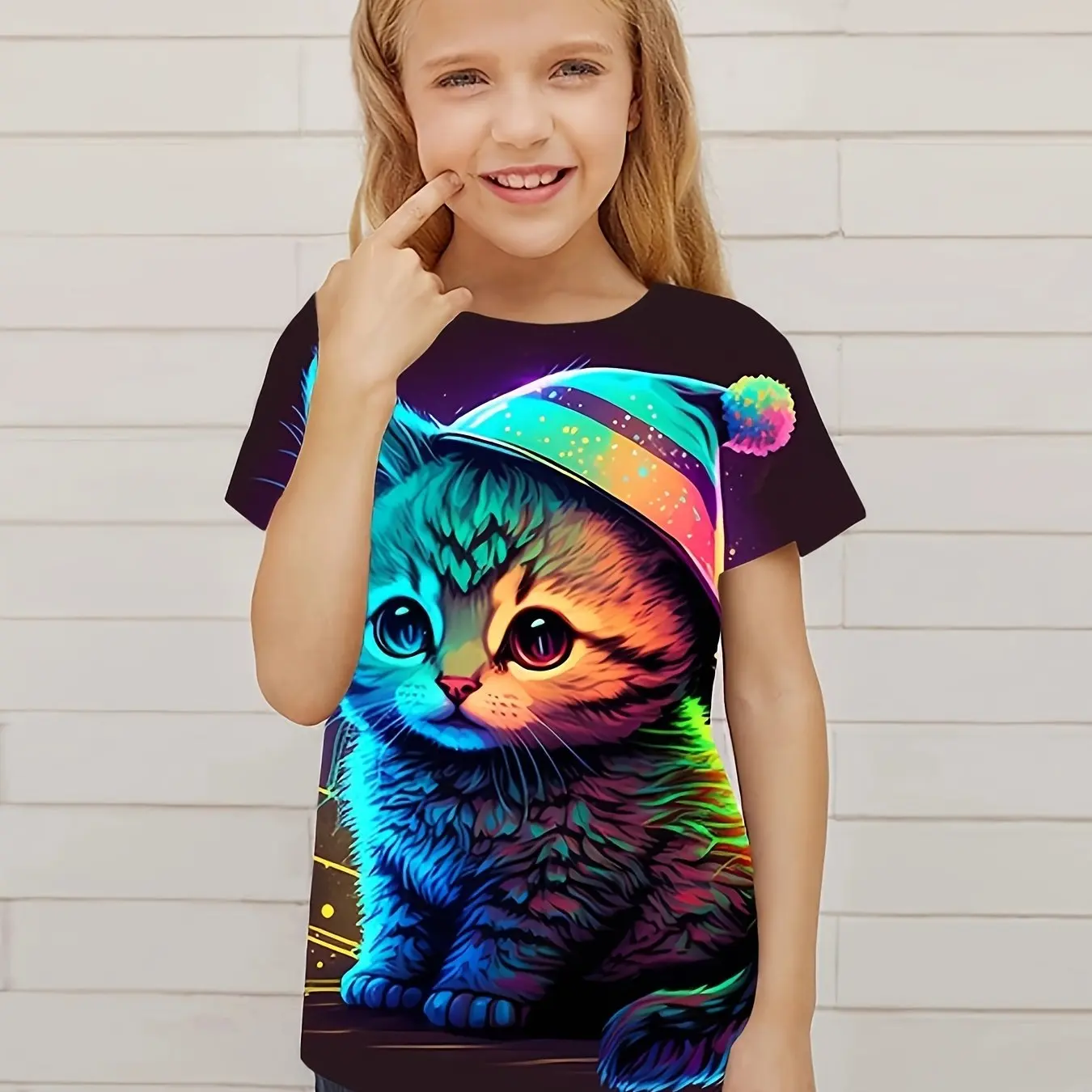 Children\'s Clothing Cute 3D Cat Graphic Print Short Sleeve Tops Kids Clothes T-Shirt Casual Pullover Child Boys Girls Summer