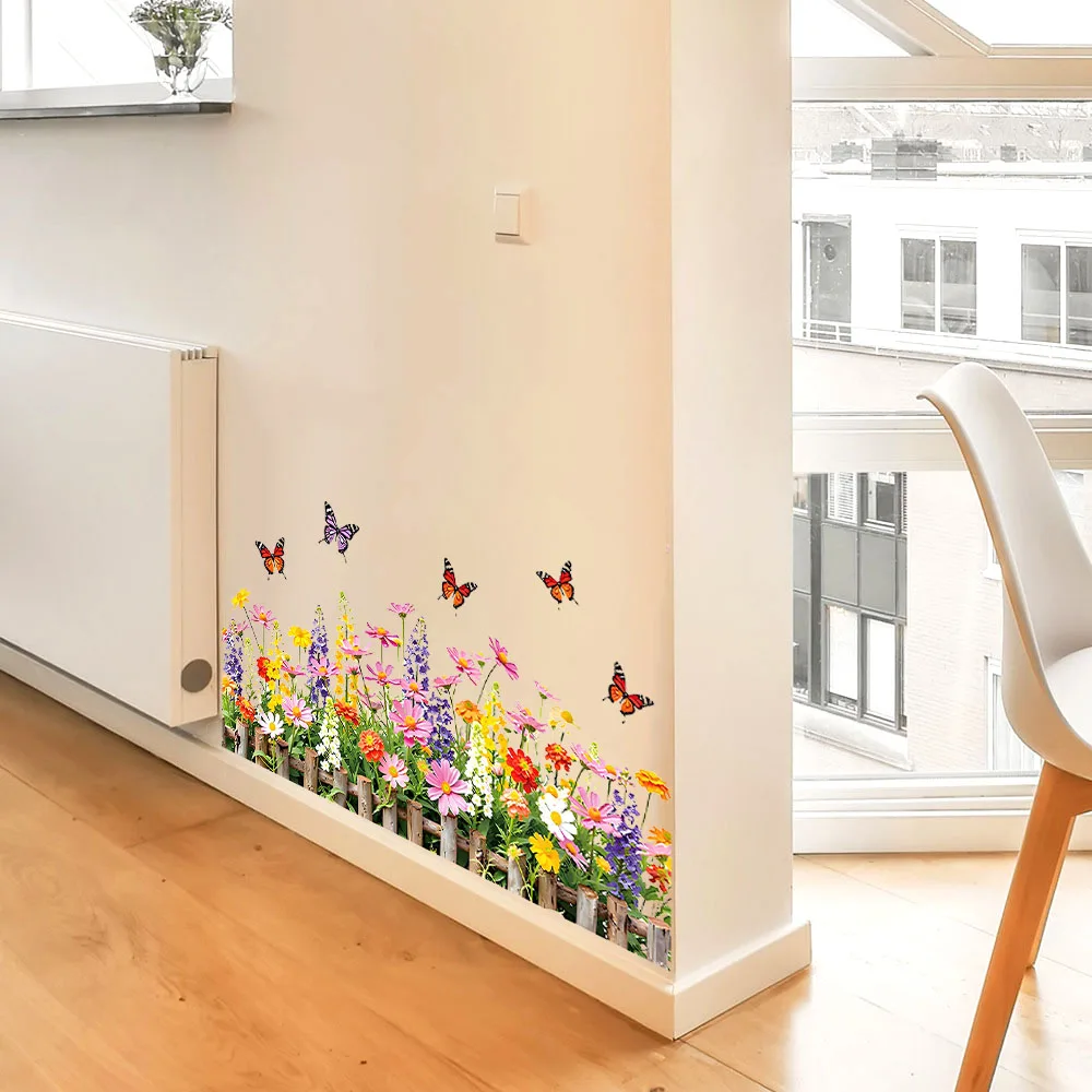 Romantic Butterfly&Flower Vine Fence Flowers Stickers Wall Art Murals, Peel and Stick Wall Art for Girls Bedroom Living Room
