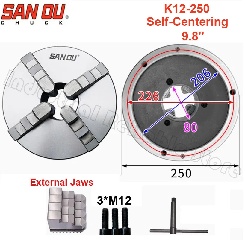 K12-250 K12-250A 4 Jaw Chuck 250mm Sanou Brand Self-Centering Lathe Chuck 9.84'' Inch K12 250