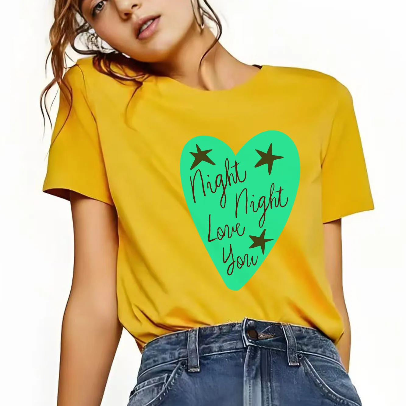 사랑의 편지 프린트 패턴 티셔츠 캐주얼 반팔 라운드넥 사계절 모두 착용 가능한 다용도 여성 티셔츠