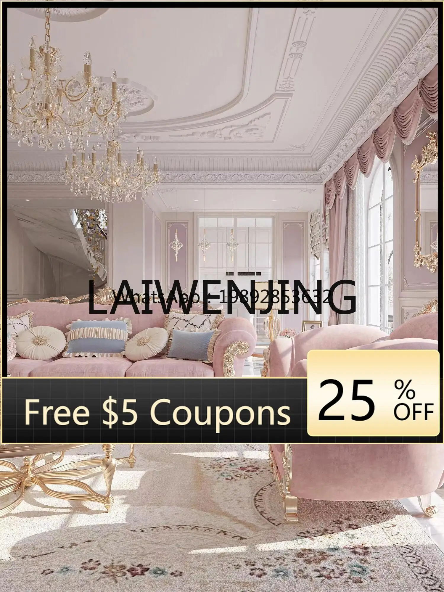 

SF1 Wood Carving Flower Fabric Three-Seat Sofa Neoclassical Leather Furniture Sofa