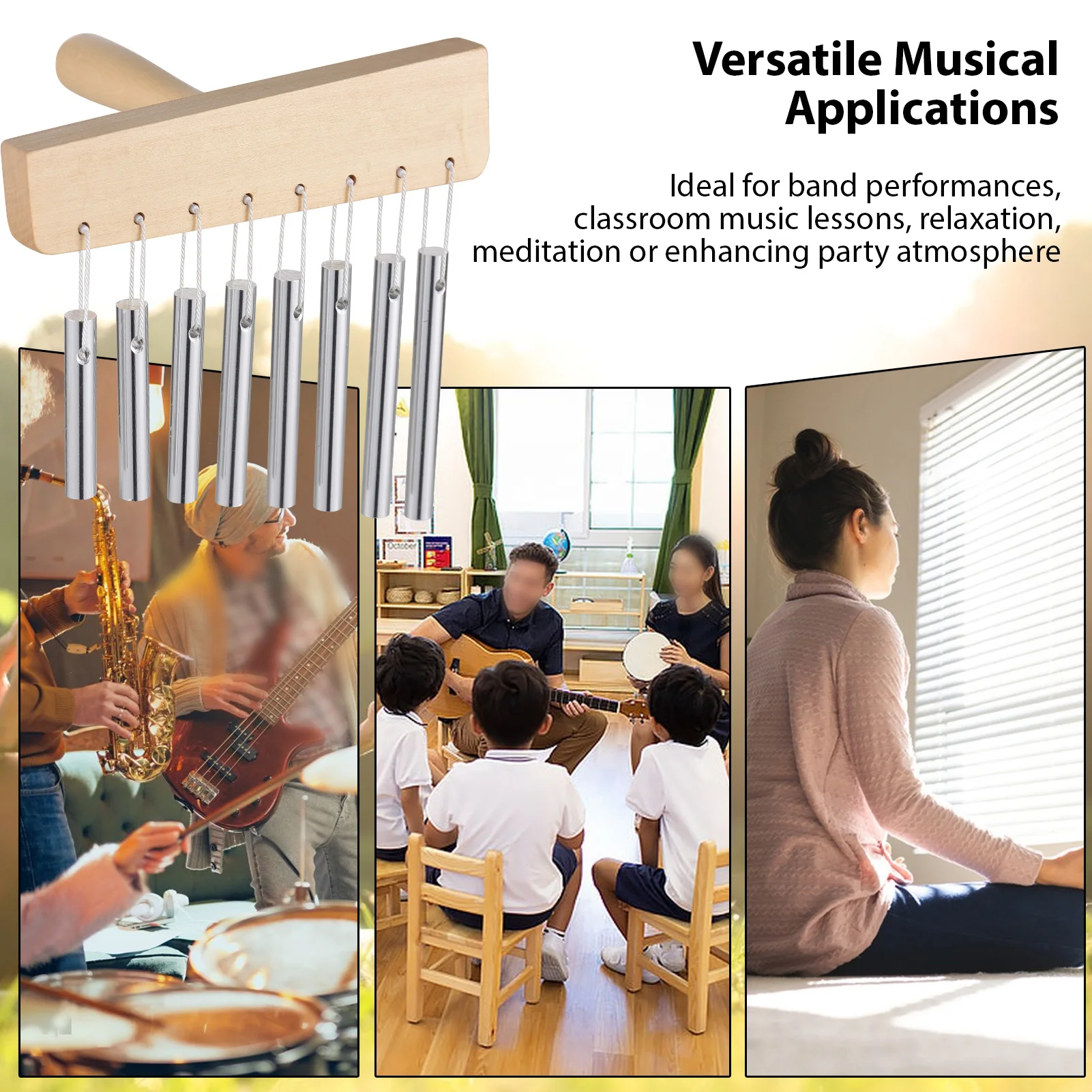 Bar Chimes 8 Tone Hand Bells with Knock Stick Birch Wood Solid Aluminum Tube Windchime Chimes Bells Hand Held Bar Bells
