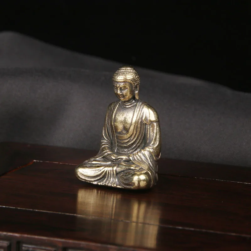 Vintage Brass Buddha Statue Desktop Ornament Religious Worship Statue Pocket Buddha Handicraft Bronze Ware