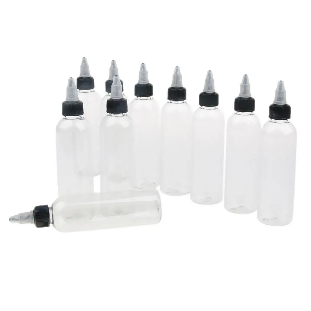 10 Pcs Empty Plastic Bottles with Twist Top Cap for Solvents Oils Paint Ink Liquid Gule 120ml Clear Bottle Tattooing Accessories