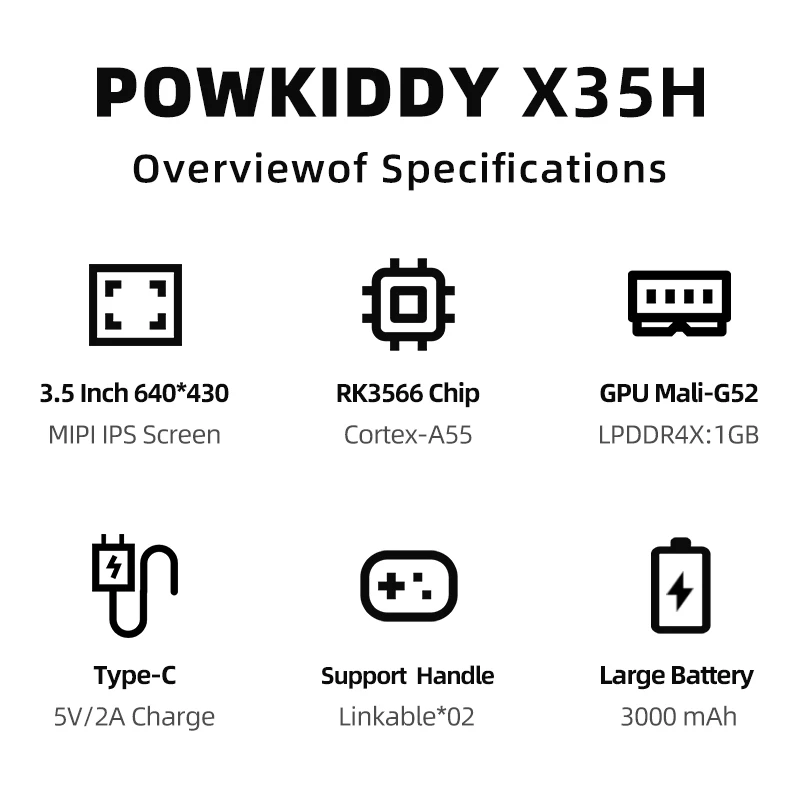 Powkiddy X35H وحدة تحكم بجهاز لعب محمول 3.5 بوصة IPS شاشة PowkiddyOS نظام Linux يدعم ألعاب Mltiplayer رخيصة للأطفال Gifs