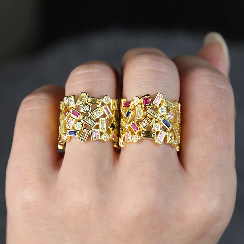 Anillos de dedo de cara ancha de circonia cúbica multiforma geométrica para mujer ajuste de bisel piedra colorida Color chapado en oro para fiesta