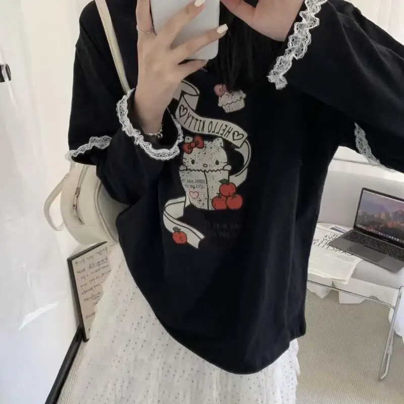 

Новая летняя солнцезащитная рубашка с круглым вырезом и принтом Hello Kitty для девочек, свободная и универсальная модная футболка с длинными рукавами