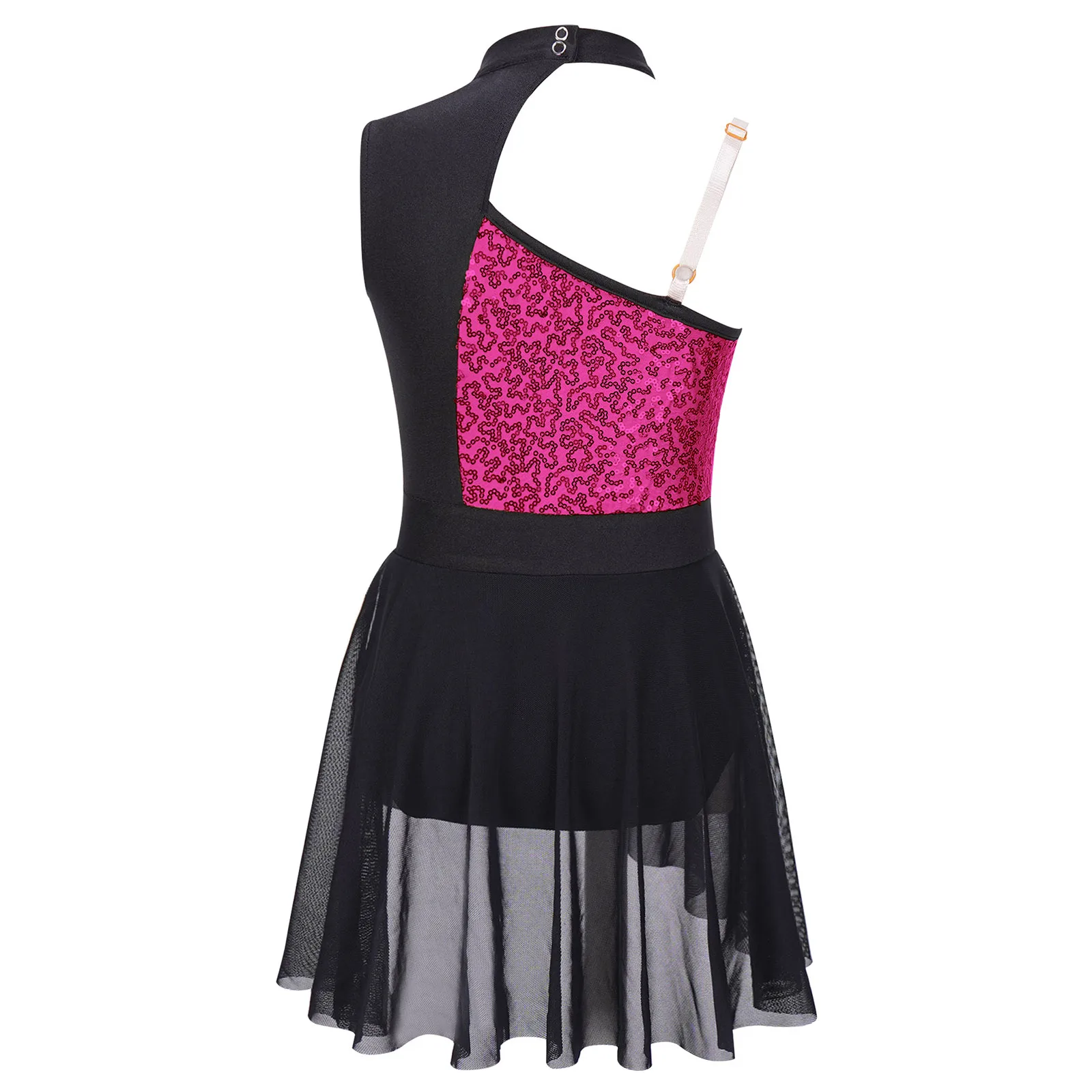 Kids Girls Ballet Gymnastics Leotard Dress Sleeveless Shiny Sequins Off Shoulder Lyrical Dance Dress for Stage Dance Costumes