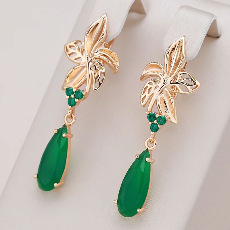 Kienl New 585 Rose Gold Long Earring for Women Vintage Green Natural Zircon Flower Drop Earrings Bride Wedding Jewelry