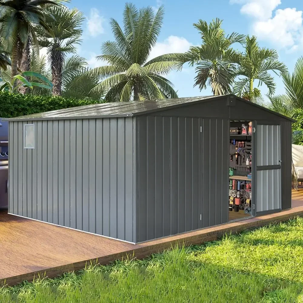 Large Outdoor Metal Storage Shed with Lockable Door, Windows, Galvanized Steel, Suitable for Patio, Garden, Lawn - Grey