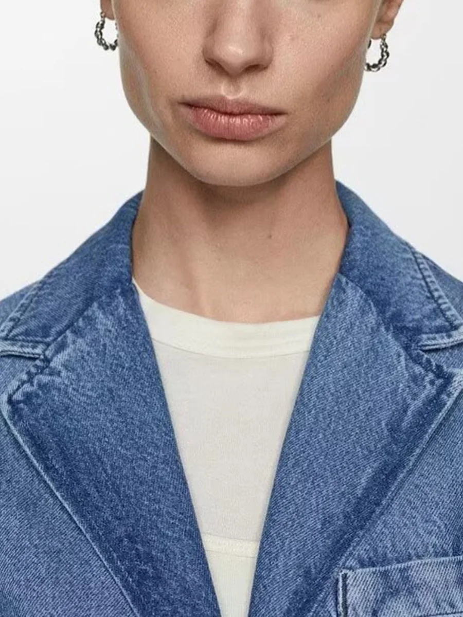 

New Summer Women's Denim Sle Long Sve Button up Collar V Ne Faionable Personali Suit Jaet Commute Sle Loose Fit