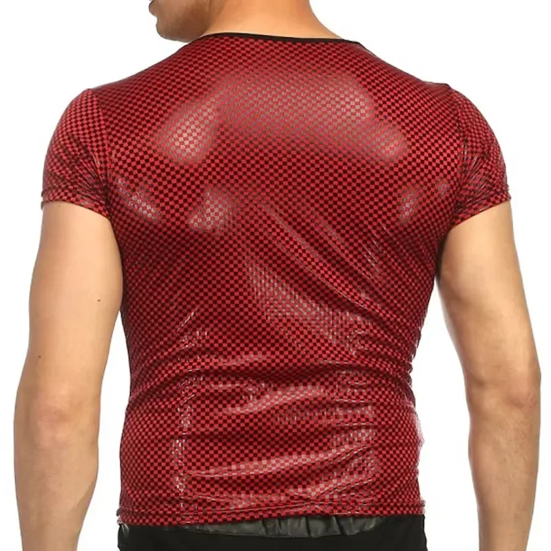 Sexy Red Glossy Skinny T-Shirt for Men Quality Club Wear O-Neck Short Sleeve Slim Fit Plaid Leather Pullover Top for Male