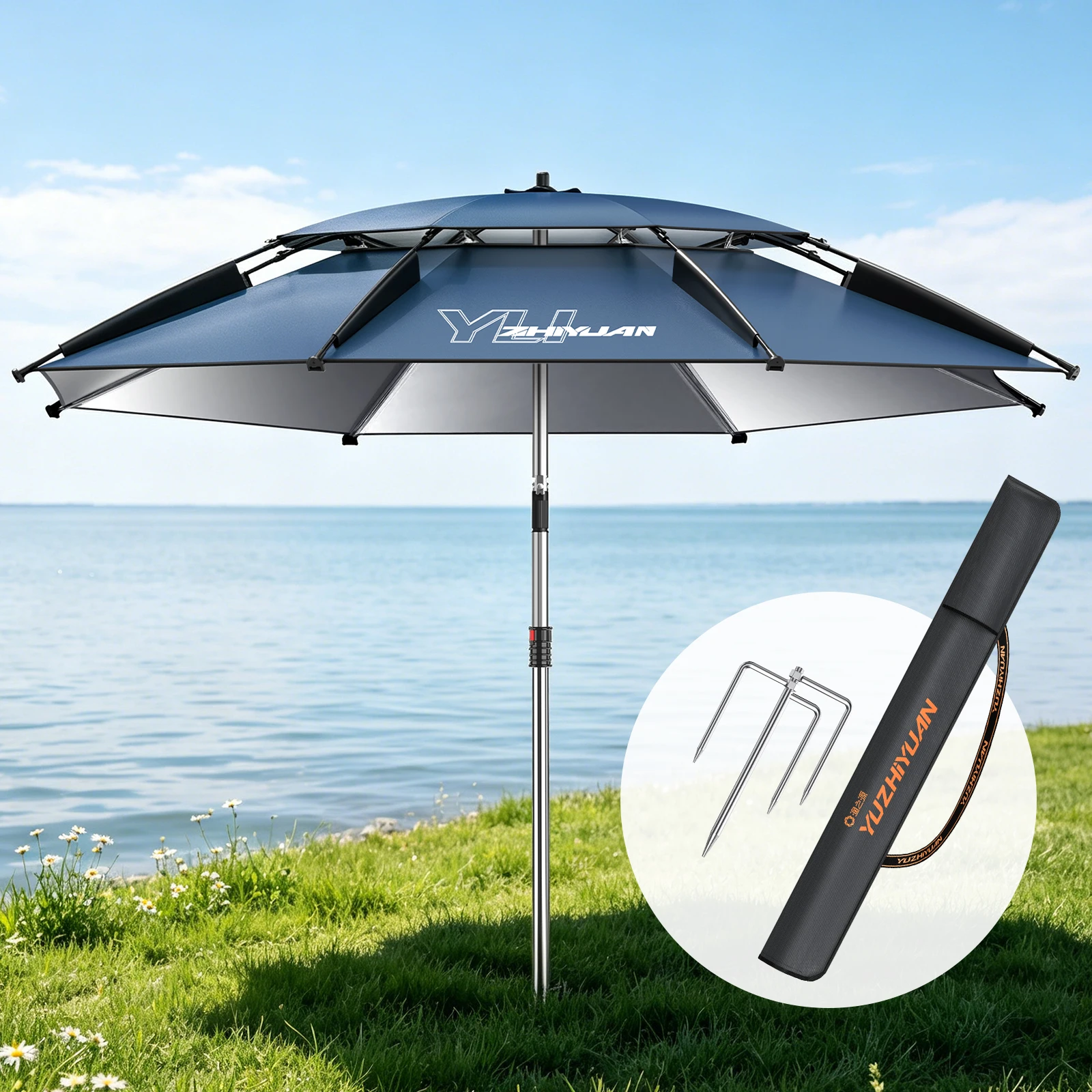 Großer Angel- und Outdoor-Schirm | Strandschirm UPF 50+ Sonnenschutz UV-Schutz Wasserdicht Windbeständig Faltbar Tragbar Verstellbar – Detail 4