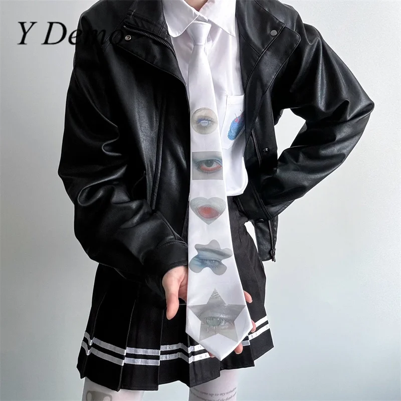 y-demo-harajuku-eyes-printing-women-tie-alternative-y2k-long-handmade-necktie