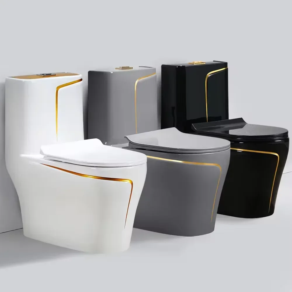 for Luxury Sanitary Ware Inodoros Wc Gold Line One Piece Water Closet Ceramic Toilet Gold Black Colored Toilets Bowl