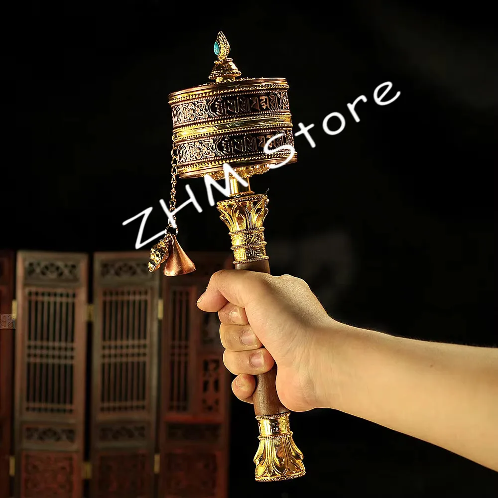 

30cm Double Layers Tibetan Alloy Copper Six Words Scriptures Carving Hand Cranking Swept Bad Things Buddhist Prayer Wheel