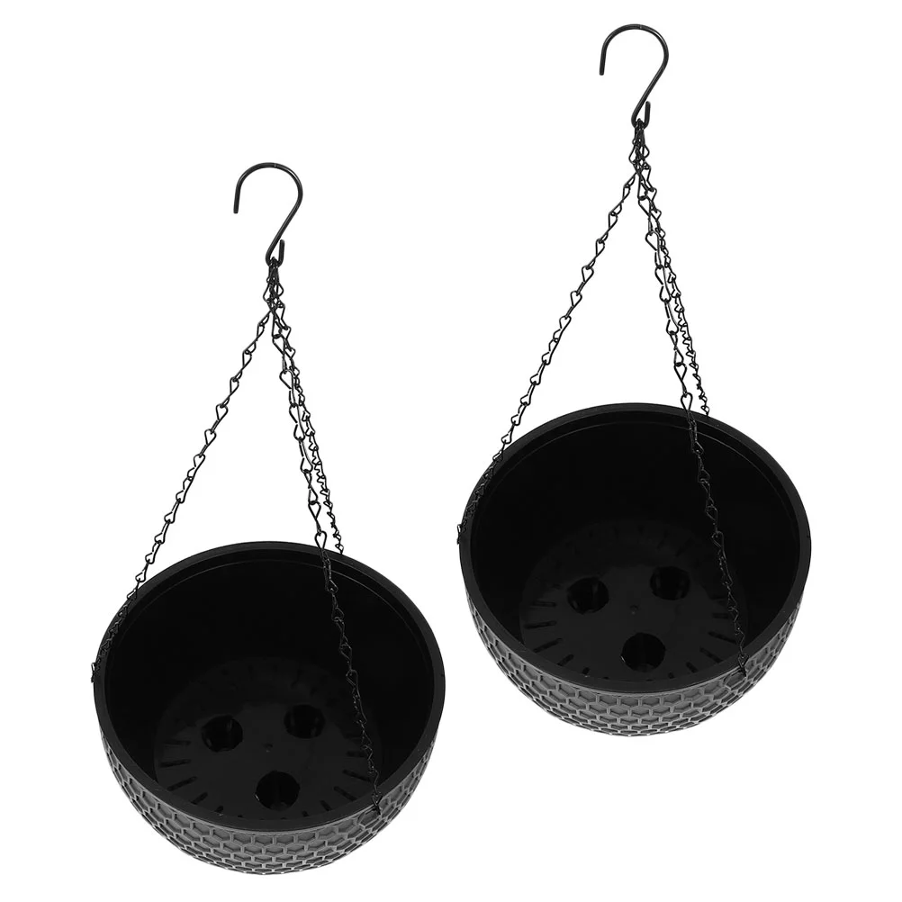 

2 Pcs Flower Pots Hanging Basket Plant Container Coat Hanger Round Planter Dark Grey Plants