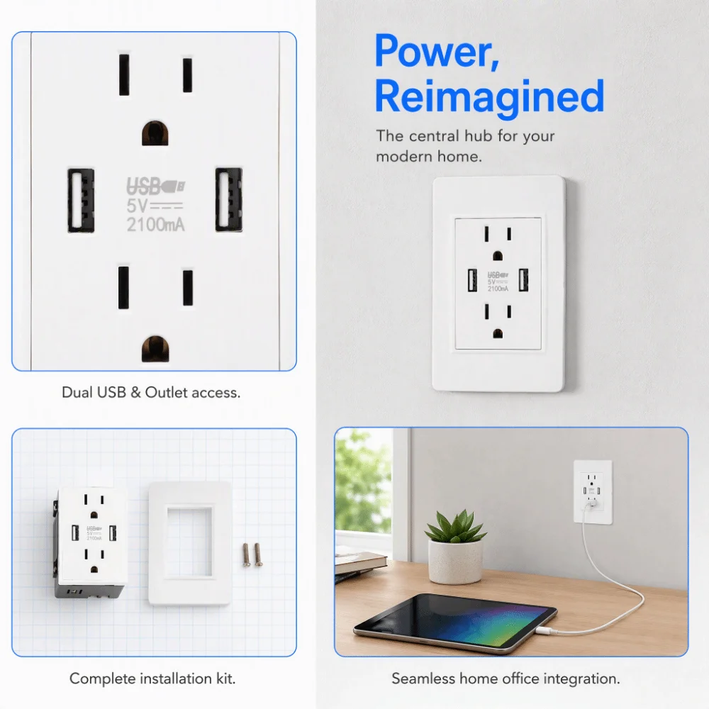 Durable White USB Wall Outlet 10A Fast Charging Charging Power Outlet AC USB Outlet Home