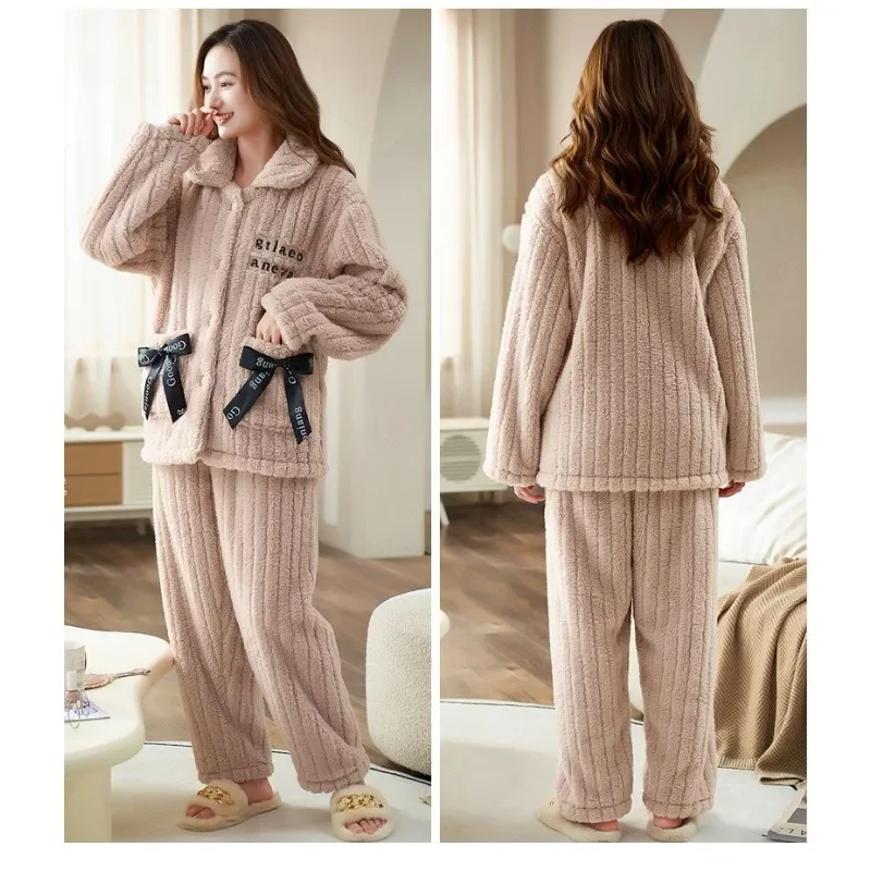 New Flannel Pajamas Women Autumn Winter Homewear Thick Coral Velvet Loungewear Two-piece Suits Warm Cardigan Home Clothes