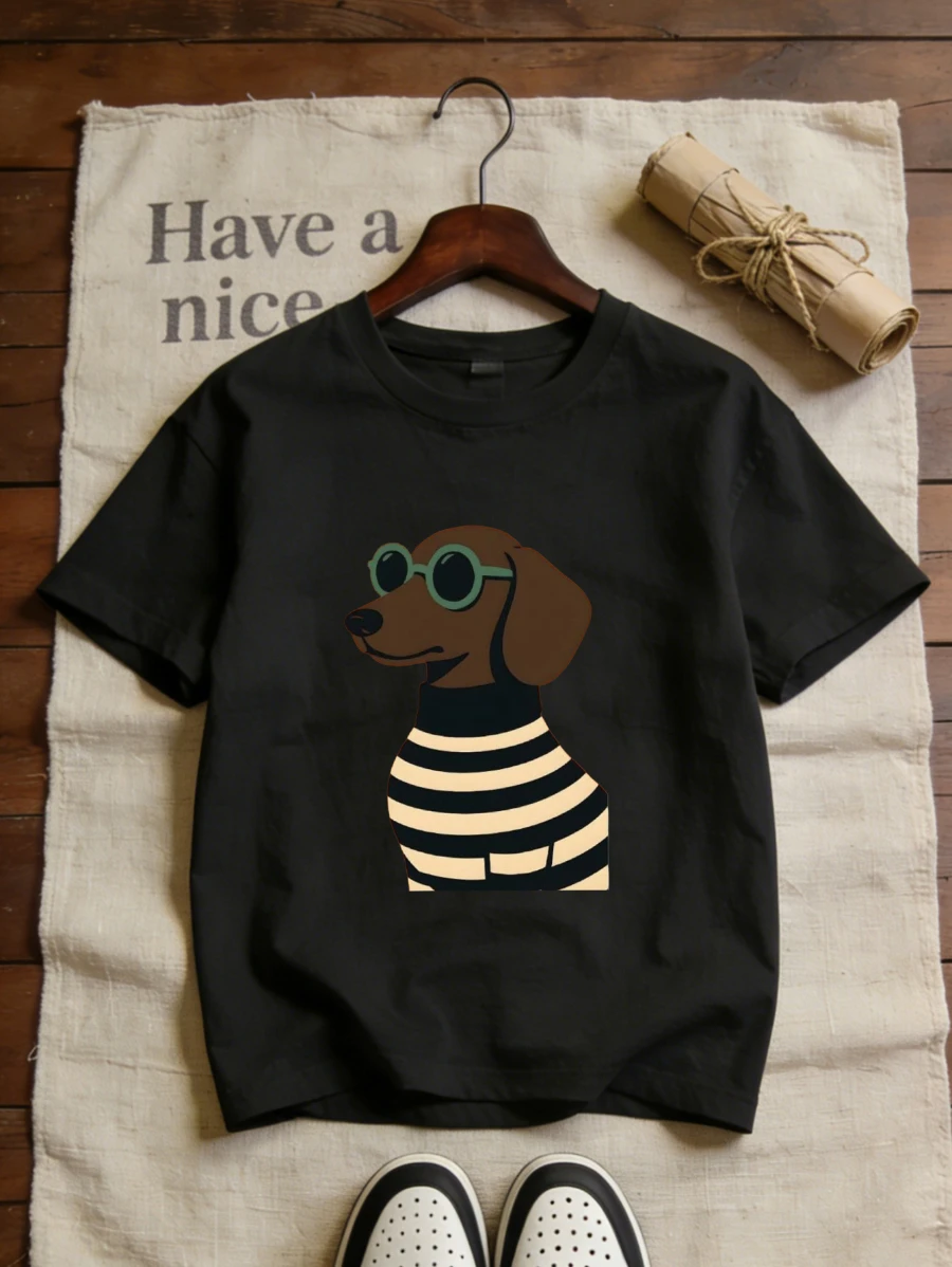 Exquisite Printed Pattern Women's Fashion Casual T-shirt with Delicate Cartoon Puppy Design, Comfortable and Soft Fabric.