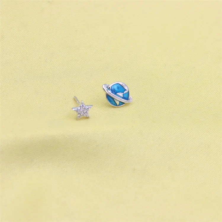 ZFSILVER  Sterling s925 Silver Asymmetric Blue Space Planet Star Earring For Women Charm Accessories Wedding Jewelry Gift