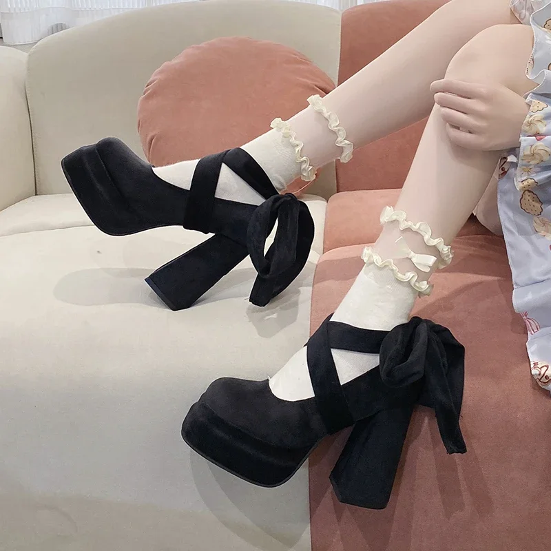 Platform Mary Janes Shoes Women Suede Luxury High Heel Lace Up Trend Lolita Shoes Elegant Chunky Party Pumps Sandalias Muje