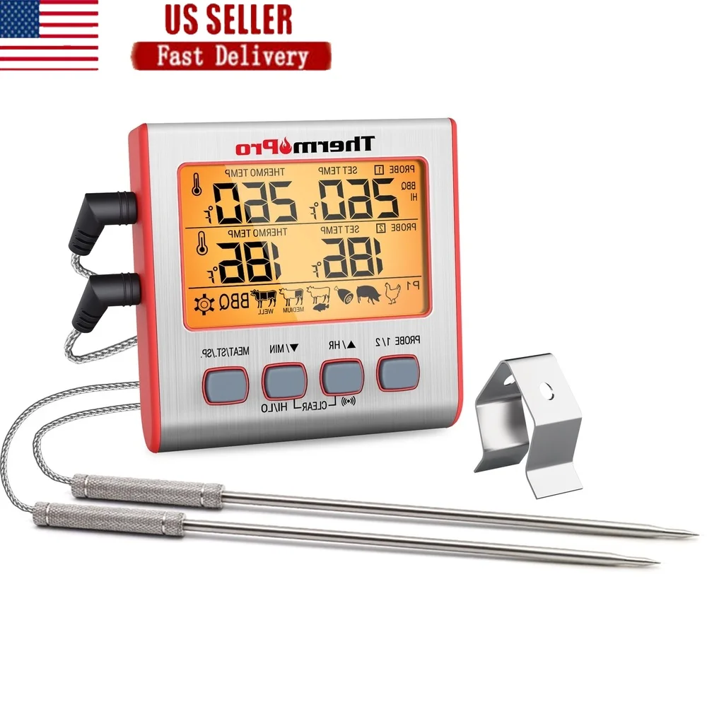 

Digital LCD Backlight Grill Food Thermometer Dual Probes Timer Mode Instant Read BBQ Smoker Cooking Alarm