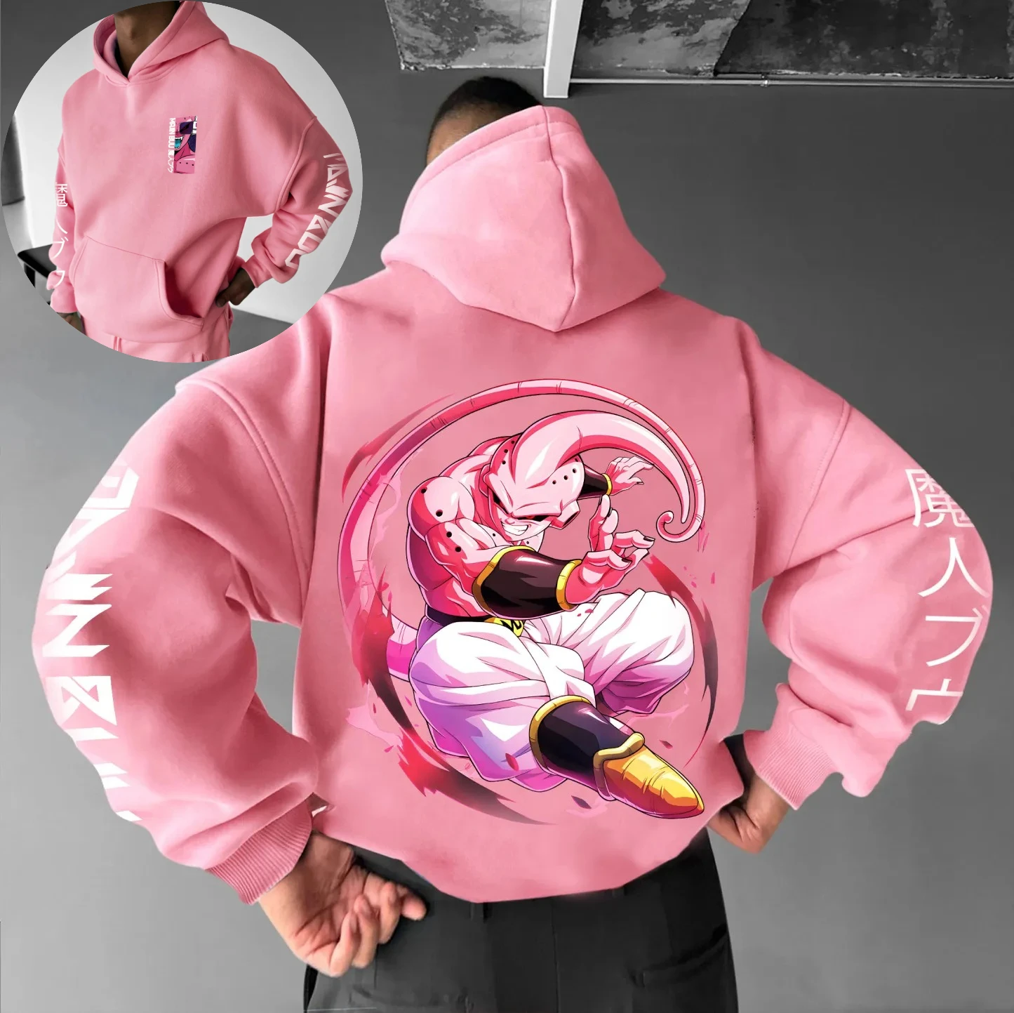 

Модный розовый свитшот с капюшоном Dragon Ball Z Majin Buu, свободный топ большого размера в уличном стиле, модный предмет для мужчин и женщин