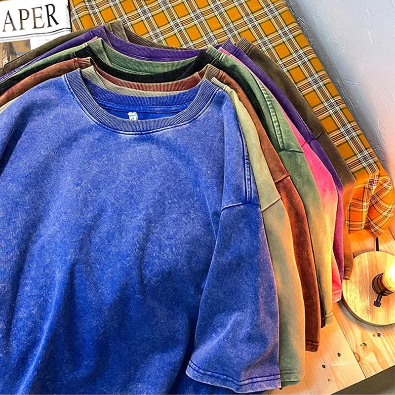 230G Cotton American Large Size T Shirts Men Summer Hip Hop Retro Vintage Clothes Washed Tees Casual Short Sleeve Basic Male Top
