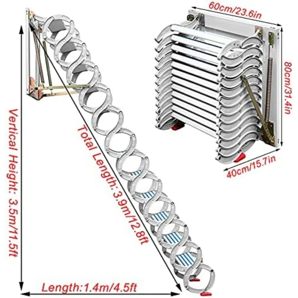 Attic Ladder Steps Pull Down 14 Steps Attic Stairs, Attic Extension Loft Ladder Stairs, Wall Mounted Type Folding Stairs