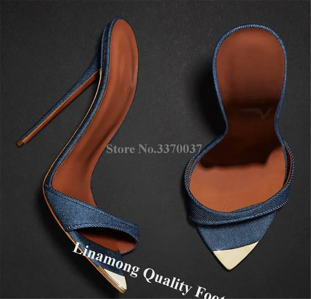 Linamong Newest Blue Denim Thin Heel Sandals Sexy Pointed Open Toe Straps Cross Stiletto Heel Dress Shoes Party Club Pumps