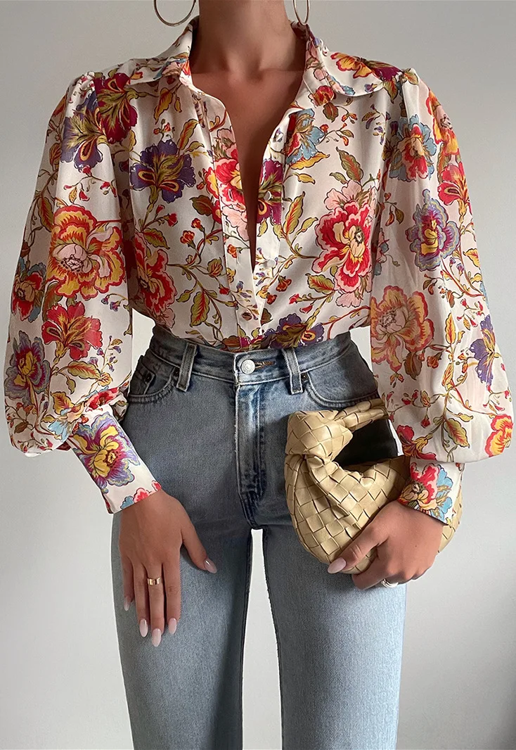 Casual Lantern Sleeve Print Shirt Blouse Women Fashion Spring Summer Button Shirts For Women 2024 Boho Beach Shirt And Tops