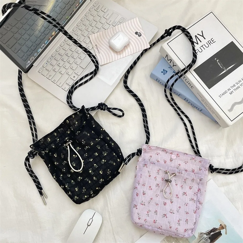 

Minimalist Style Drawstring Canvas Crossbody Bag Small Lightweight Coin Purse Floral Print Mobile Phone Bag Women Girl