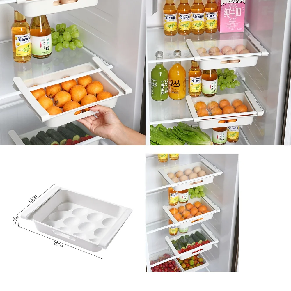 

Kitchen Organizer Shelf Refrigerator Storage Rack Fridge Drawer Egg Food Container Adjustable Clear Bin Space Saving Organizer