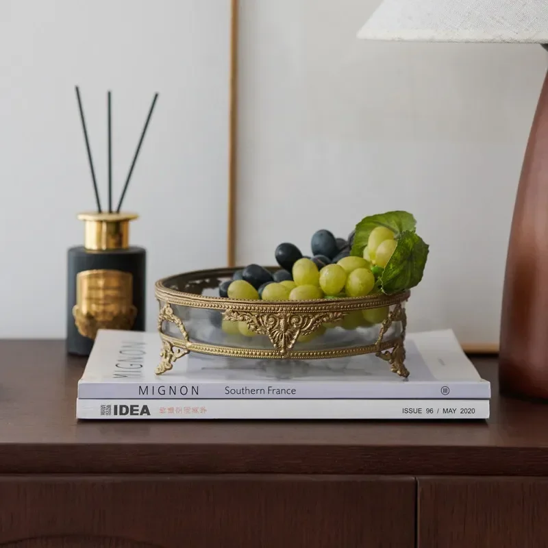 y17- French court-clad ancient brass double-layer dessert tray, European-style dining room glass-covered cake display tray