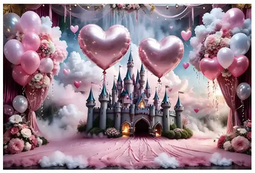 Dreamy Wedding Party Love Balloons Pink Castle Backdrops Curtain Floral Photography Girls Birthday Clouds Palace Backgrounds