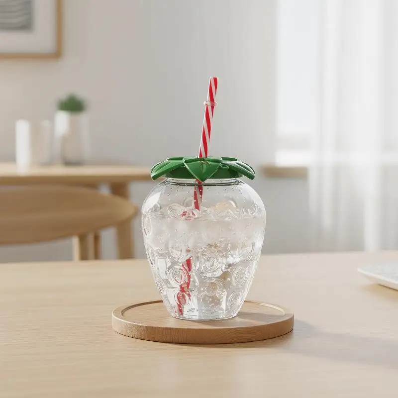 12*10cm Convenient Strawberry Shaped Cup with Drinking Straw Ideal for Travel and Commute