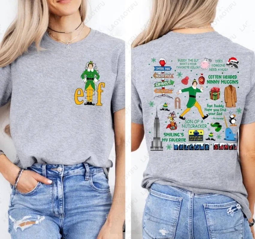 Buddy The Elf Vintage Fashion Christmas Lights 2-sided Tee Christmas Classic Movie Gifts 2025 Cotton T-Shirt Vacation Print Tops