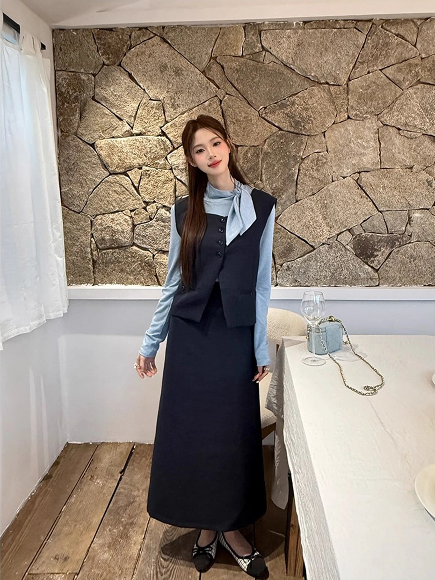 Conjunto de Csa y Ceco con Cinturón y Cuello Alto a la Moda, Falda  de Cintura Alta para Mujer, Traje de Tres Pieza...