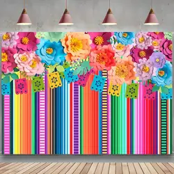 Mexican Fiesta Backdrop Photobooth Flowers Fiesta Background Floral Stripes Flags Birthday Party Mexican Decorations Props