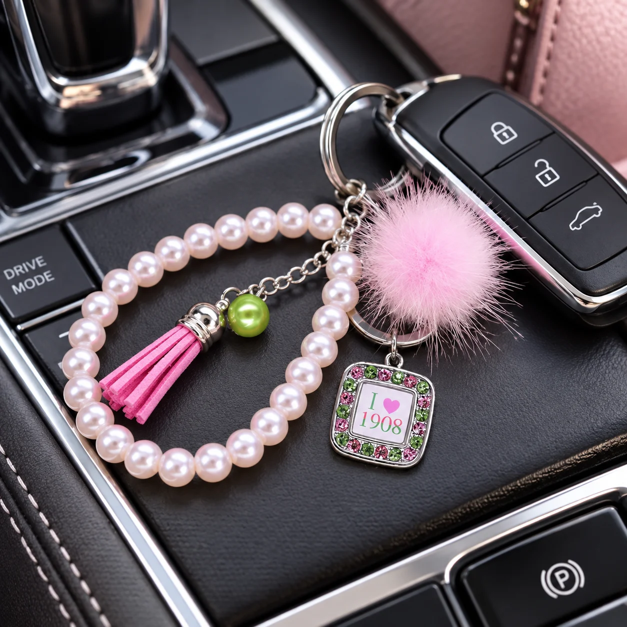 Fashion Pink Tassel Sisterhood Service Greek Letter Alpha Sorority Keychain Society Pearl Keyrings Jewelry