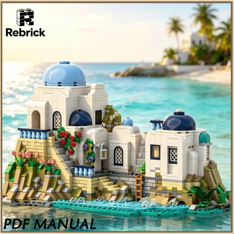 Aegean Style Island Vacation House MOC Bricks Set Seaside Cliff Villa Scene Educational Assembly Hobby Toy