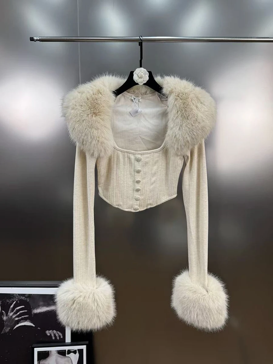 TWOTWINSTYL Slimming Knit Two Piece Sets for Women Fur Collar Long Sleeves Coat Square Neck Sleeveless Vest Elegant Set Female