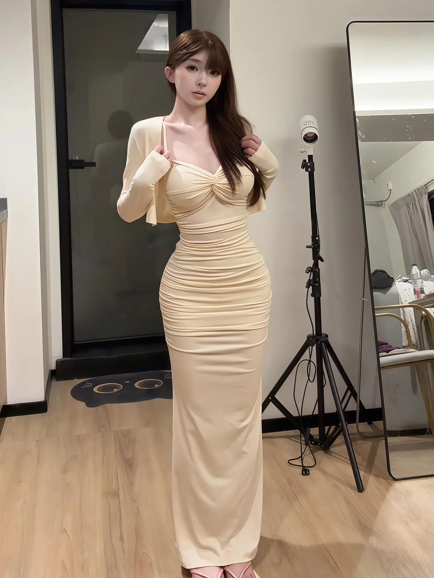 Pure Desire Style Layered Wear Set Dress Women's High Waist Slim Fit V-Neck Long Sleeve Two-Piece Suit for Autumn Season