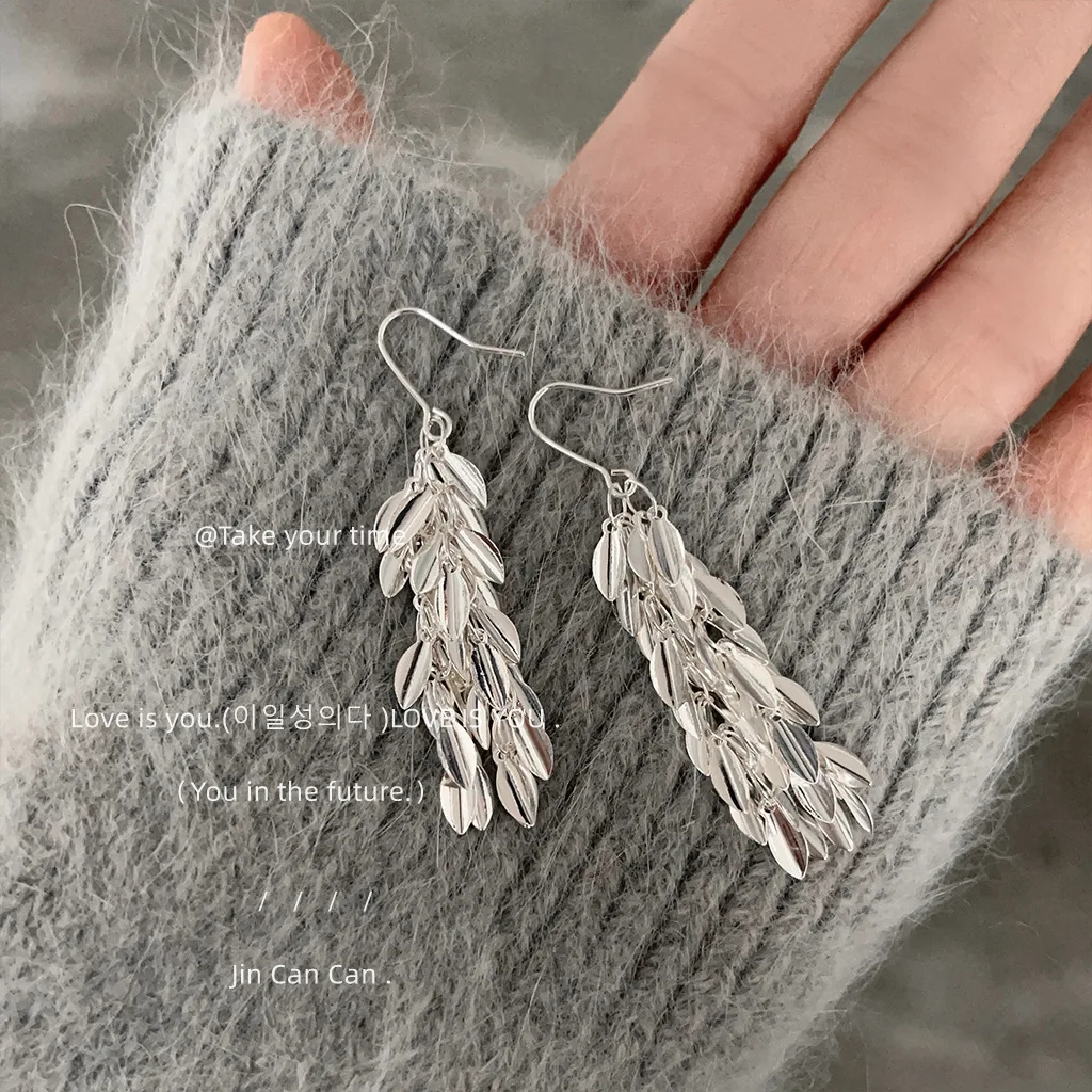 Sparkling Leaves Tassel Temperament Earrings Ins Glossy Metal Wheat Earrings Premium Jewelry Factory