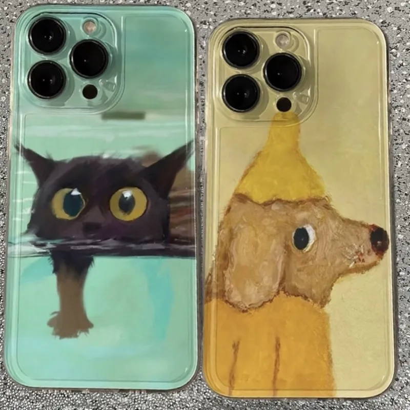 Oil Painting Yellow Dog Black Cat Phone Case For Samsung S26 S25 S24 S23 S22 FE Note20 Plus Ultra Lite Edge 5G Clear Soft TPU
