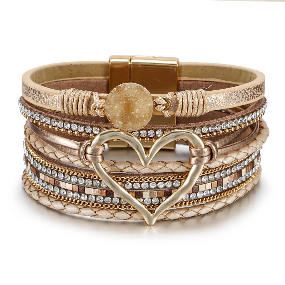 ZG Bohemian Woven Heart Bracelet for Women Irregular Pearl Rhinestone Accessories Bracelet Jewelry