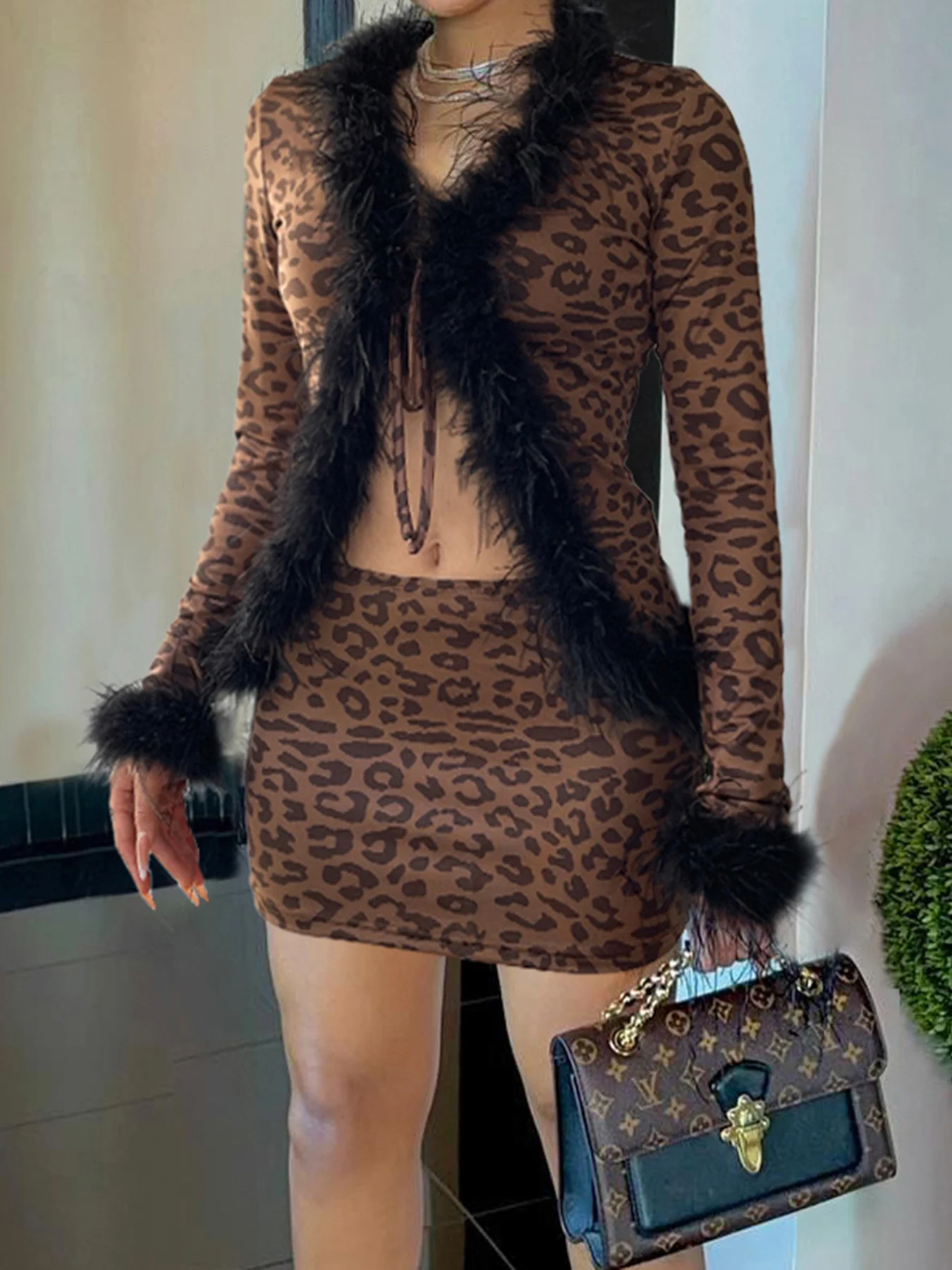 Cuteandpsycho Leopárd nyomtatás Két pieces bel sets Női lace-up sexi coats majd Mali skirts Első lépés Esztétikai stv sleeved ruhák