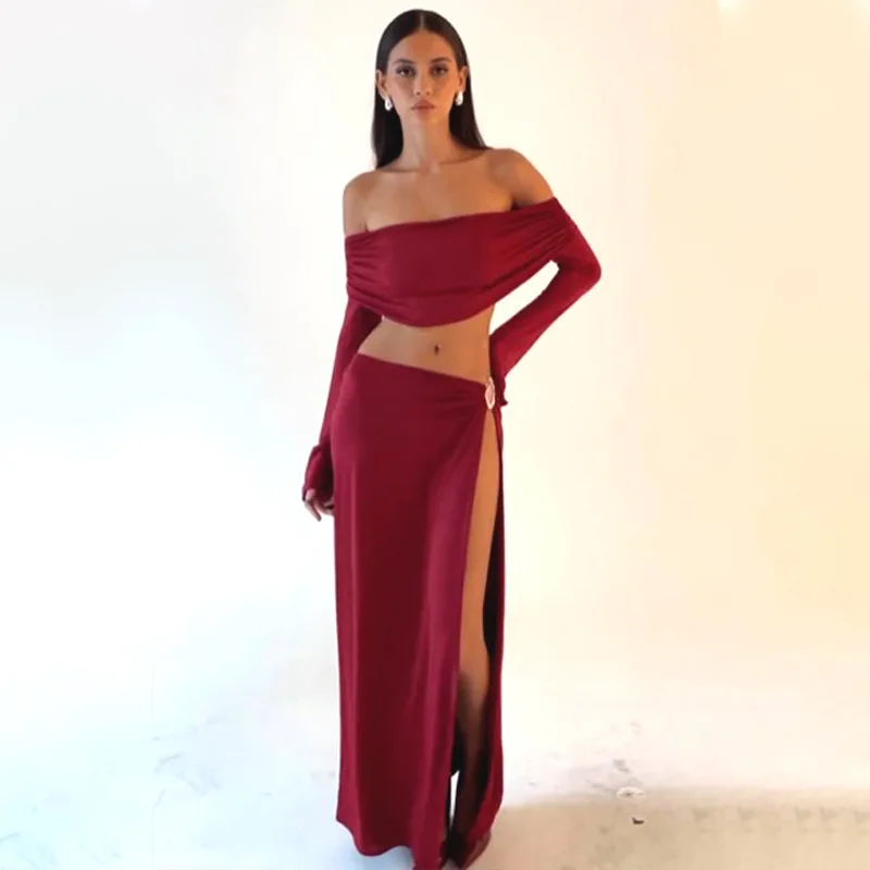 Solid Beach Skirt Sets Women Sexy High Split Slim Bohemian Outfits Fashion Off The Shoulder Holiday Two Piece Set 2024 Beachwear