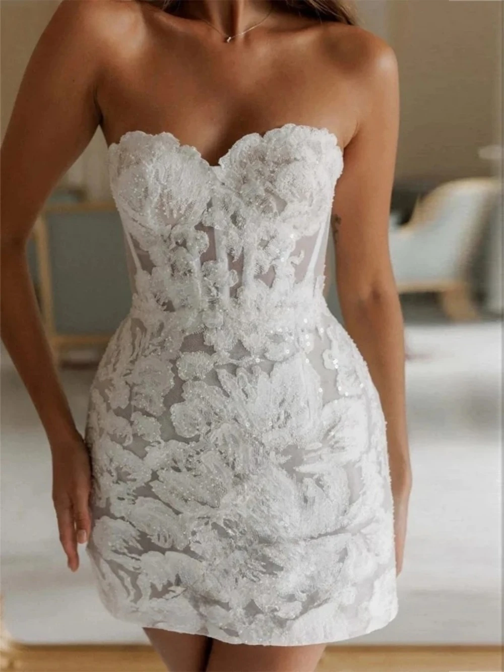ZHUISHU Sexy Glitter Lace Short Wedding Dresses Beadings Sweetheart Shiny Mini Bridal Gowns Event Formal Party Dress Customized image 2